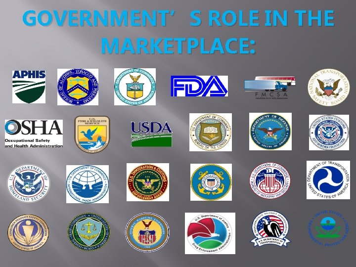 GOVERNMENT’S ROLE IN THE MARKETPLACE: 