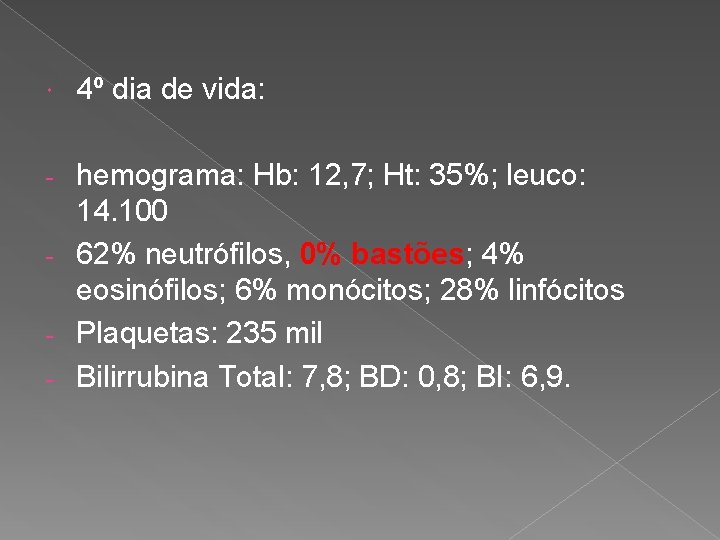  4º dia de vida: hemograma: Hb: 12, 7; Ht: 35%; leuco: 14. 100