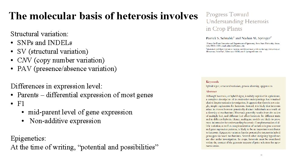 The molecular basis of heterosis involves Structural variation: • SNPs and INDELs • SV