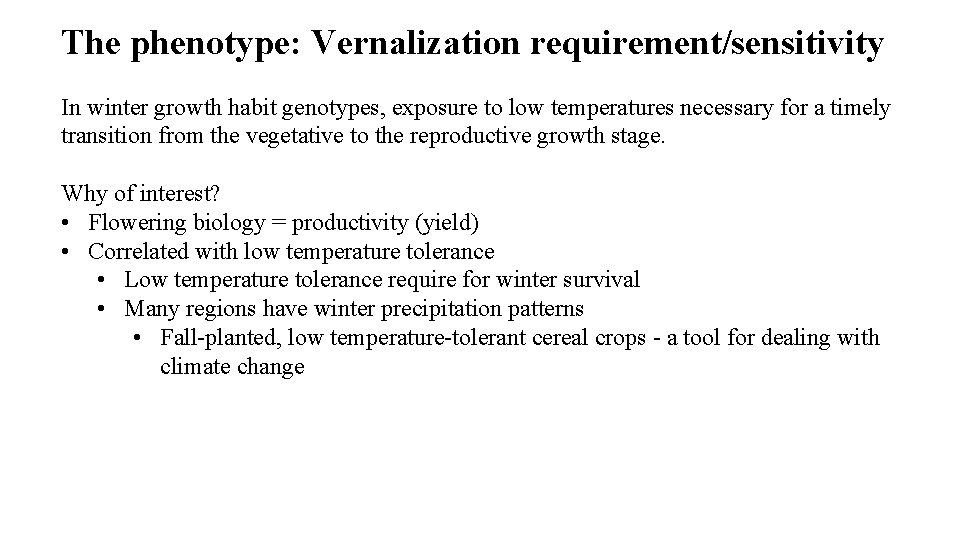 The phenotype: Vernalization requirement/sensitivity In winter growth habit genotypes, exposure to low temperatures necessary