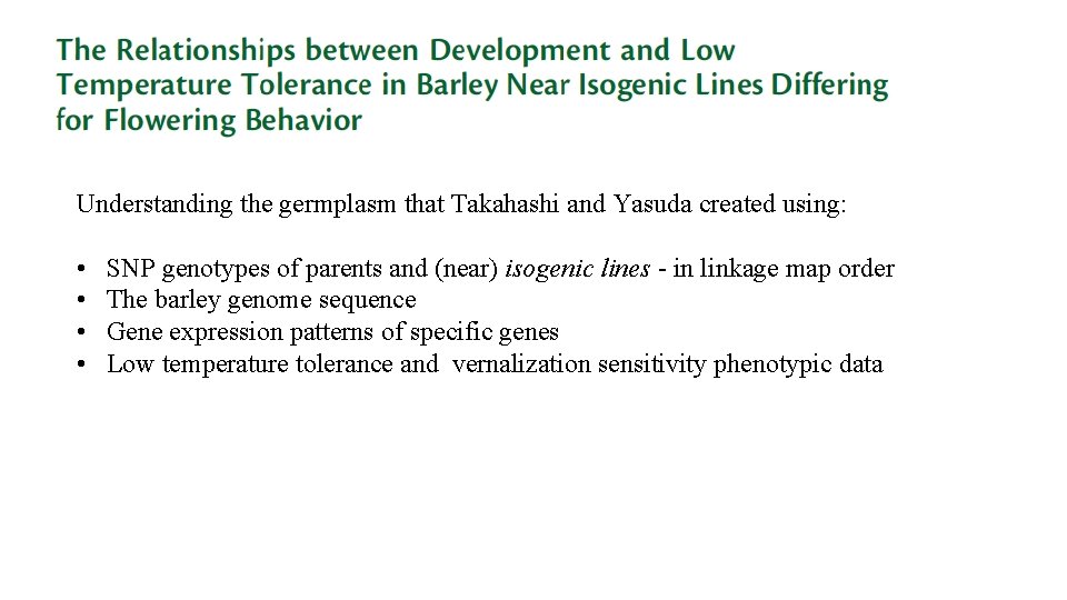 Understanding the germplasm that Takahashi and Yasuda created using: • • SNP genotypes of