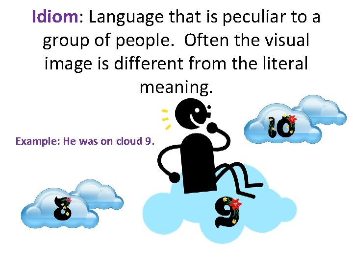 Idiom: Language that is peculiar to a group of people. Often the visual image