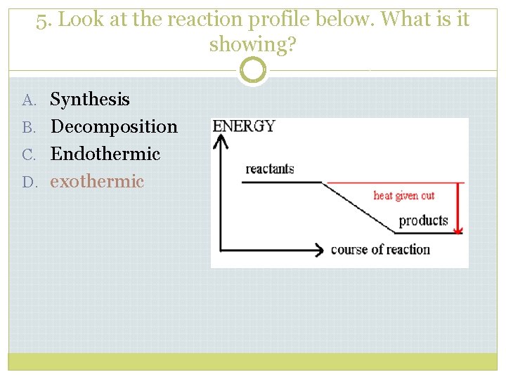 5. Look at the reaction profile below. What is it showing? A. Synthesis B.