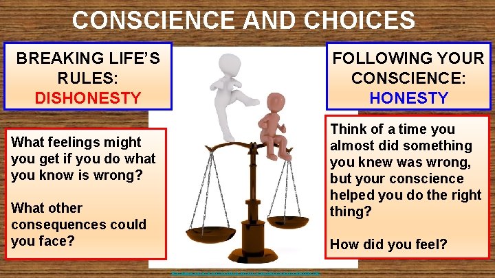 CONSCIENCE AND CHOICES BREAKING LIFE’S RULES: DISHONESTY FOLLOWING YOUR CONSCIENCE: HONESTY Think of a