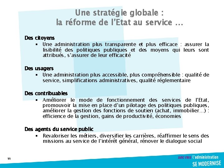 Une stratégie globale : la réforme de l’Etat au service … Des citoyens §