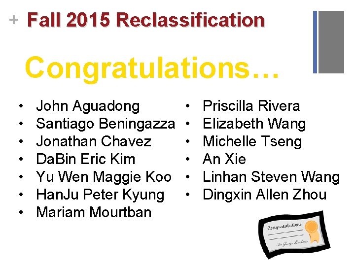 + Fall 2015 Reclassification Congratulations… • • John Aguadong Santiago Beningazza Jonathan Chavez Da.