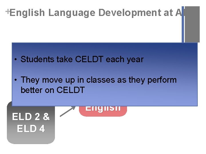 +English Language Development at AHS • Students take CELDT each year English • They