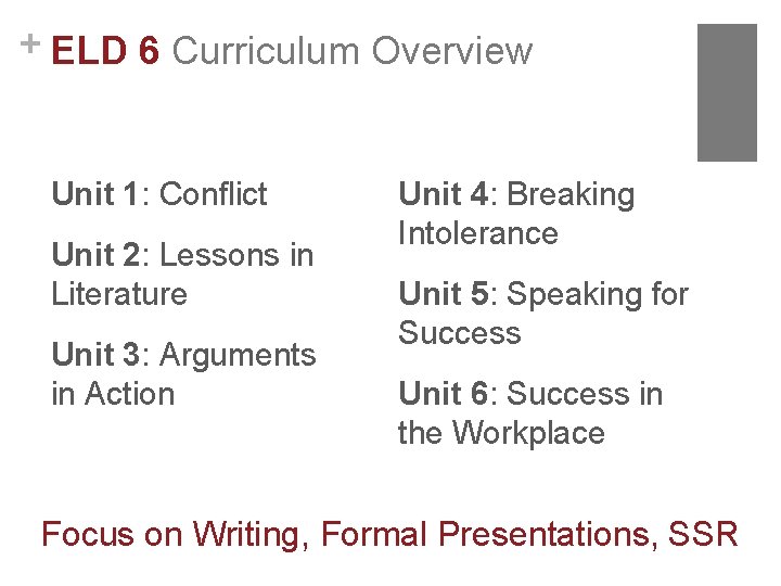 + ELD 6 Curriculum Overview Unit 1: Conflict Unit 2: Lessons in Literature Unit