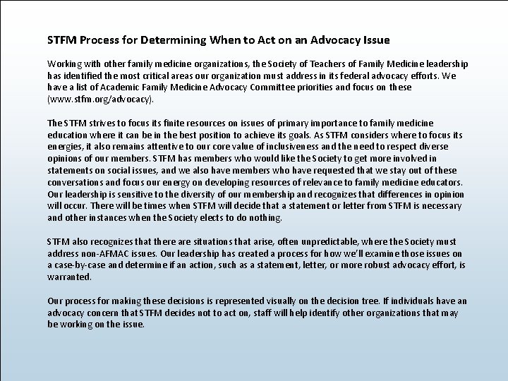 STFM Process for Determining When to Act on an Advocacy Issue Working with other