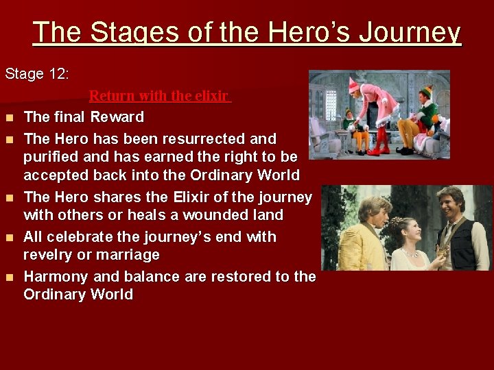 The Stages of the Hero’s Journey Stage 12: n n n Return with the