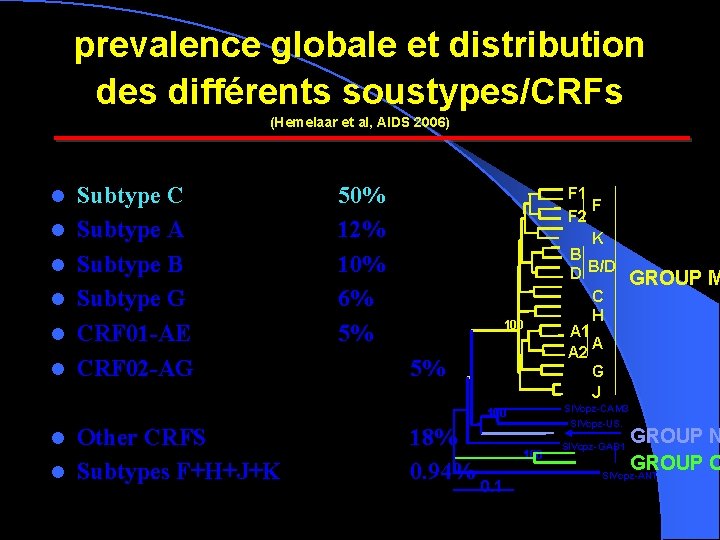 prevalence globale et distribution des différents soustypes/CRFs (Hemelaar et al, AIDS 2006) l l