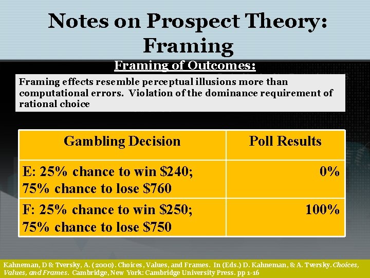 Notes on Prospect Theory: Framing of Outcomes: Framing effects resemble perceptual illusions more than