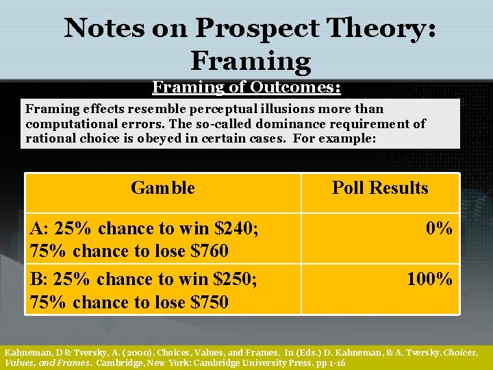 Notes on Prospect Theory: Framing of Outcomes: Framing effects resemble perceptual illusions more than