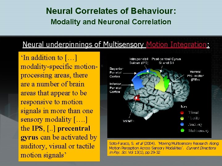 Neural Correlates of Behaviour: Modality and Neuronal Correlation Neural underpinnings of Multisensory Motion Integration: