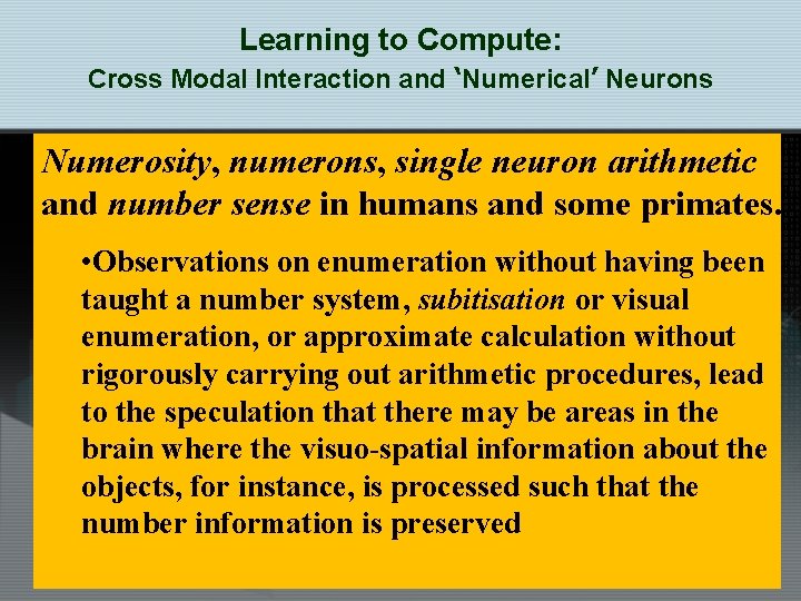 Learning to Compute: Cross Modal Interaction and ‘Numerical’ Neurons Numerosity, numerons, single neuron arithmetic