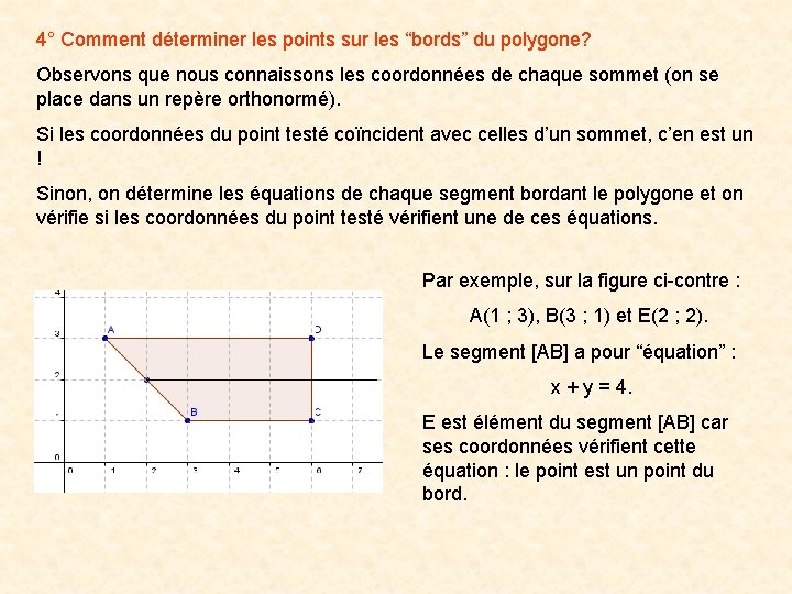4° Comment déterminer les points sur les “bords” du polygone? Observons que nous connaissons 4° Comment déterminer les points sur les “bords” du polygone? Observons que nous connaissons