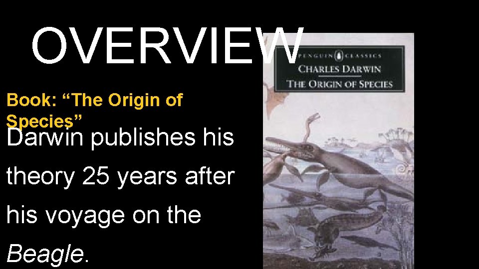 OVERVIEW Book: “The Origin of Species” Darwin publishes his theory 25 years after his