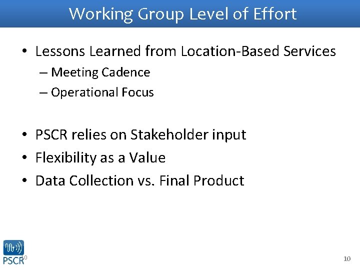 Working Group Level of Effort • Lessons Learned from Location-Based Services – Meeting Cadence