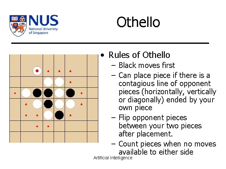 Othello • Rules of Othello – Black moves first – Can place piece if
