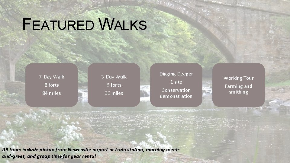 FEATURED WALKS 7 -Day Walk 8 forts 84 miles 3 -Day Walk 6 forts