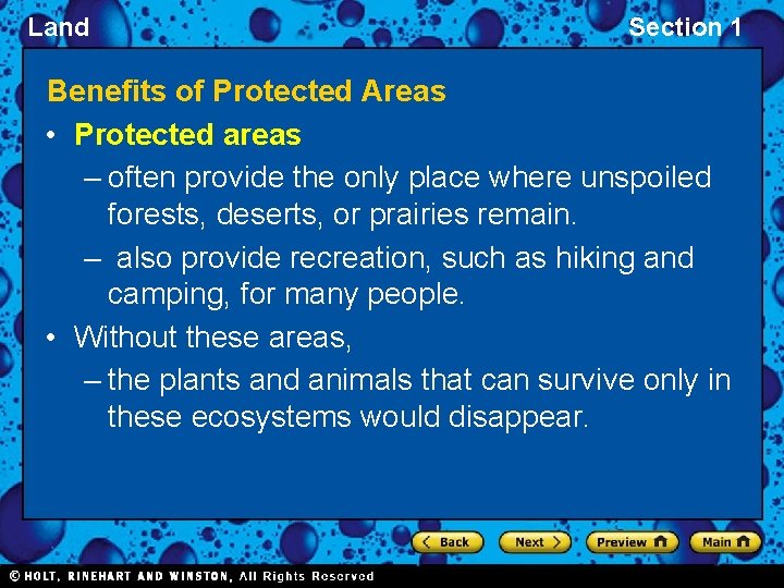 Land Section 1 Benefits of Protected Areas • Protected areas – often provide the
