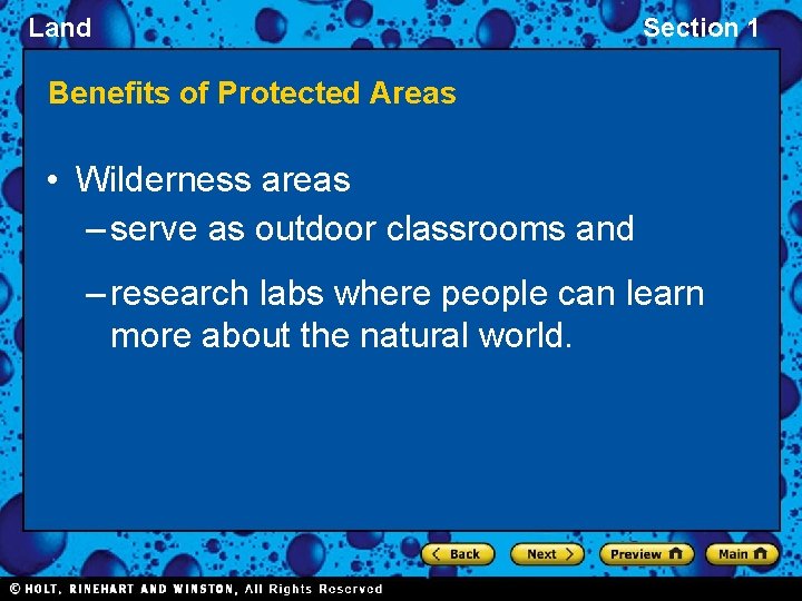Land Section 1 Benefits of Protected Areas • Wilderness areas – serve as outdoor