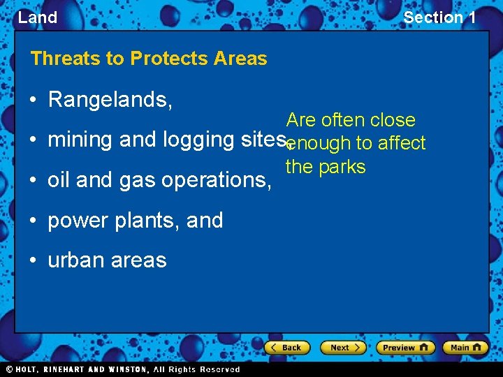 Land Section 1 Threats to Protects Areas • Rangelands, Are often close • mining