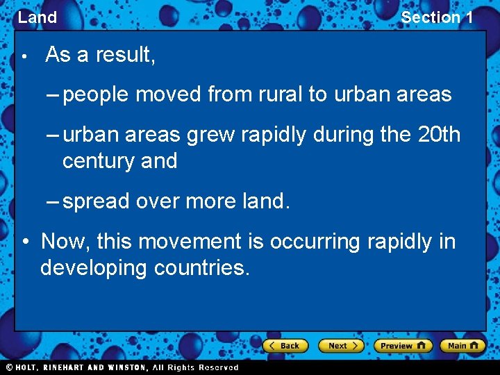 Land • Section 1 As a result, – people moved from rural to urban