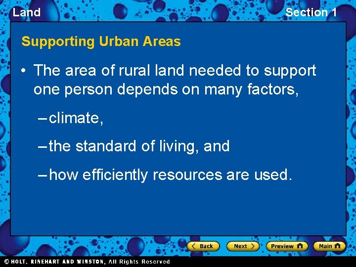 Land Section 1 Supporting Urban Areas • The area of rural land needed to