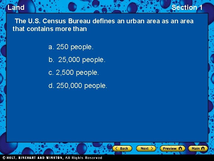 Land Section 1 The U. S. Census Bureau defines an urban area as an