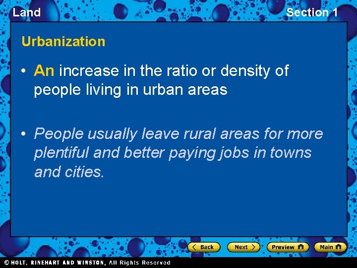 Land Section 1 Urbanization • An increase in the ratio or density of people