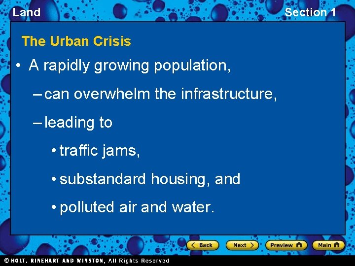 Land Section 1 The Urban Crisis • A rapidly growing population, – can overwhelm