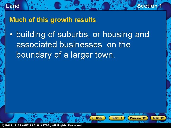 Land Section 1 Much of this growth results • building of suburbs, or housing