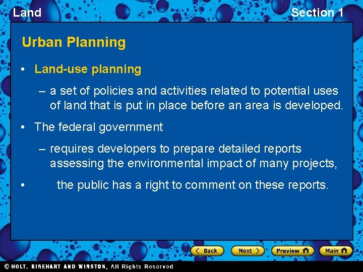 Land Section 1 Urban Planning • Land-use planning – a set of policies and