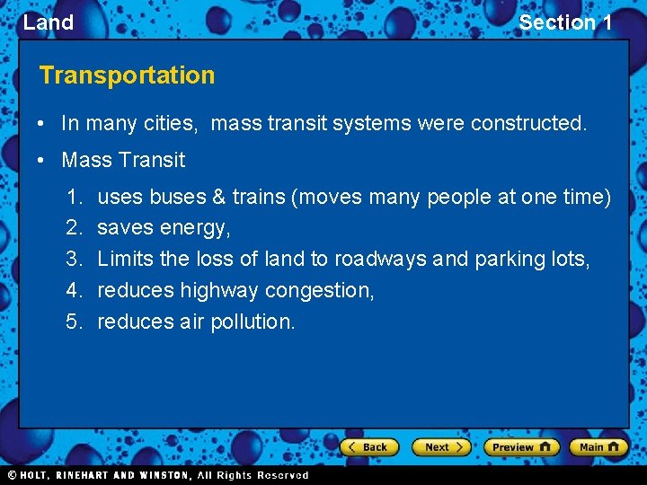 Land Section 1 Transportation • In many cities, mass transit systems were constructed. •