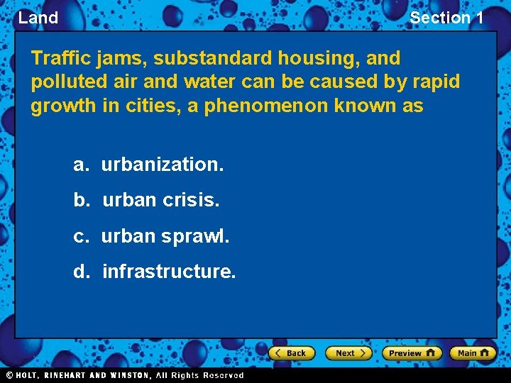 Land Section 1 Traffic jams, substandard housing, and polluted air and water can be