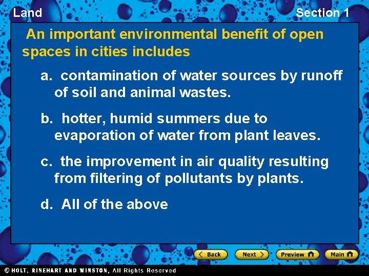 Land Section 1 An important environmental benefit of open spaces in cities includes a.