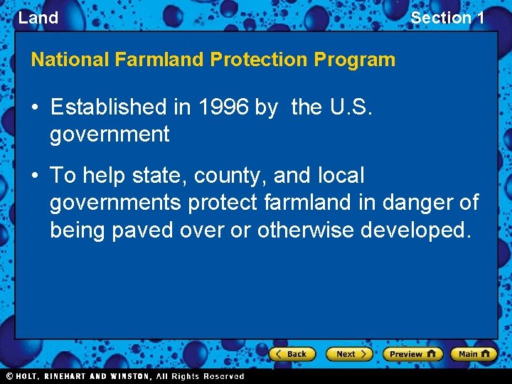 Land Section 1 National Farmland Protection Program • Established in 1996 by the U.