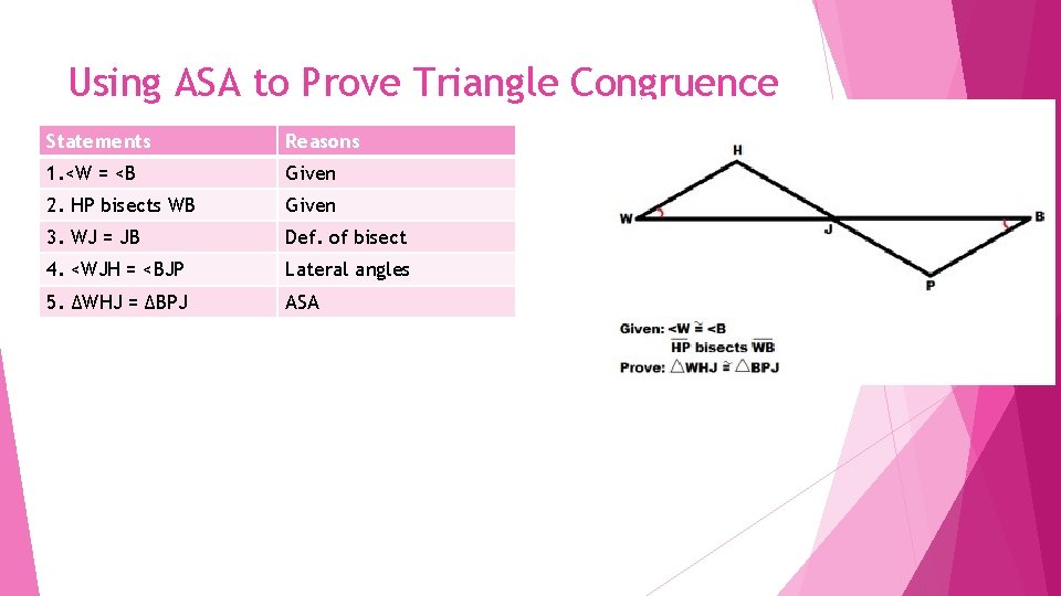 Using ASA to Prove Triangle Congruence Statements Reasons 1. <W = <B Given 2.