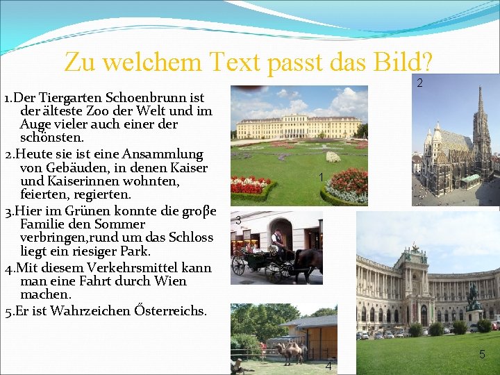 Zu welchem Text passt das Bild? 1. Der Tiergarten Schoenbrunn ist der älteste Zoo