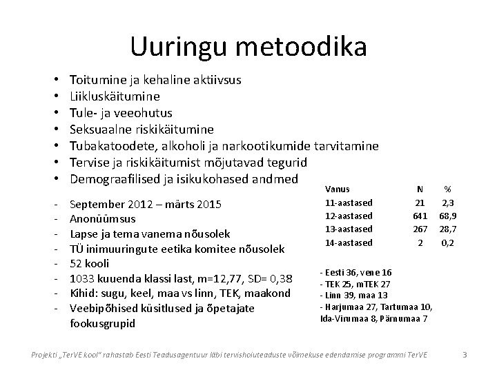 Uuringu metoodika • • Toitumine ja kehaline aktiivsus Liikluskäitumine Tule- ja veeohutus Seksuaalne riskikäitumine