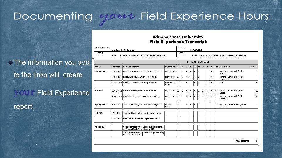 u The information you add to the links will create your Field Experience report.