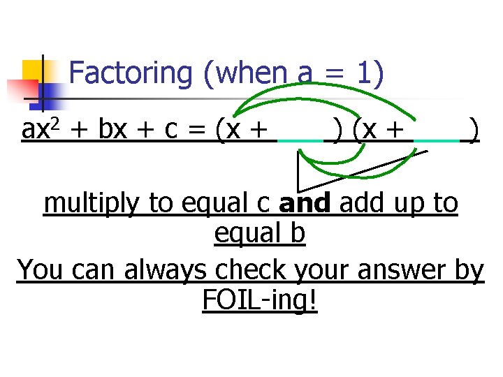 Factoring (when a = 1) ax 2 + bx + c = (x +