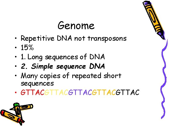Genome • • • Repetitive DNA not transposons 15% 1. Long sequences of DNA Genome • • • Repetitive DNA not transposons 15% 1. Long sequences of DNA