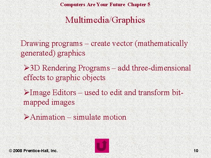 Computers Are Your Future Chapter 5 Multimedia/Graphics Drawing programs – create vector (mathematically generated)