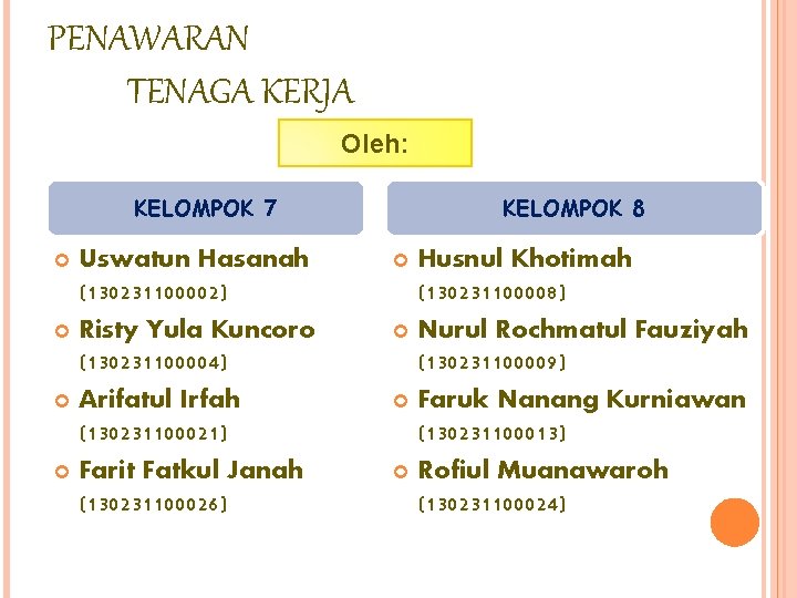 PENAWARAN TENAGA KERJA Oleh: KELOMPOK 7 Uswatun Hasanah (130231100002) Risty Yula Kuncoro (130231100004) Arifatul