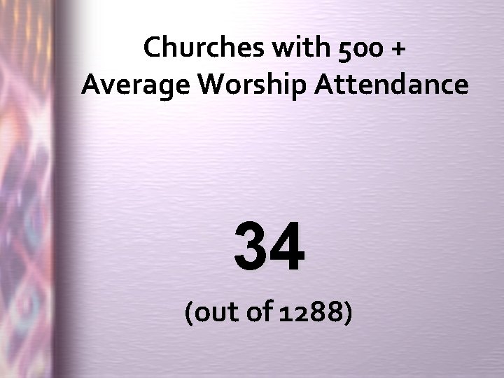 Churches with 500 + Average Worship Attendance 34 (out of 1288) 
