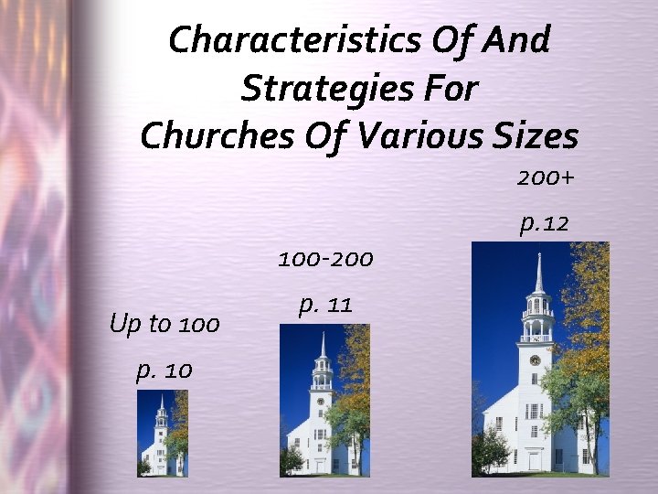 Characteristics Of And Strategies For Churches Of Various Sizes 200+ 100 -200 Up to