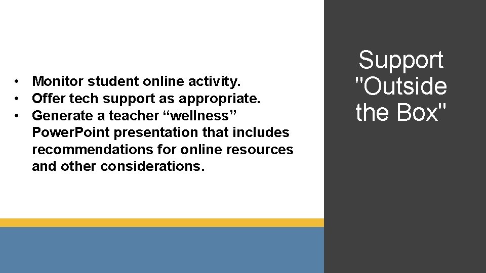  • Monitor student online activity. • Offer tech support as appropriate. • Generate