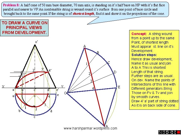 Problem 8: A half cone of 50 mm base diameter, 70 mm axis, is